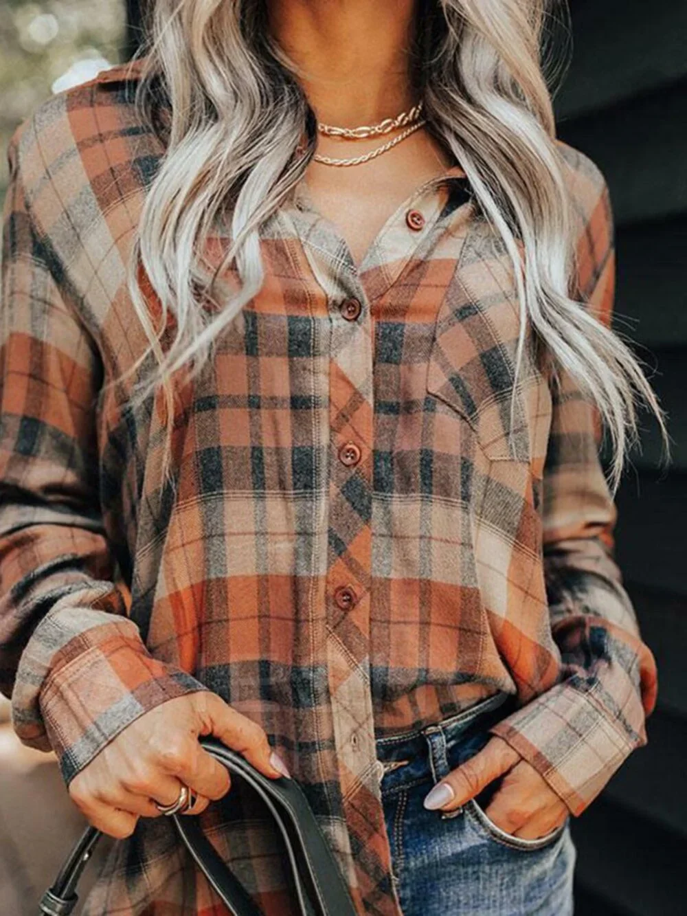 Women's Plaid Long Sleeve Shirt Slim Fit Button Cardigan Casual Top